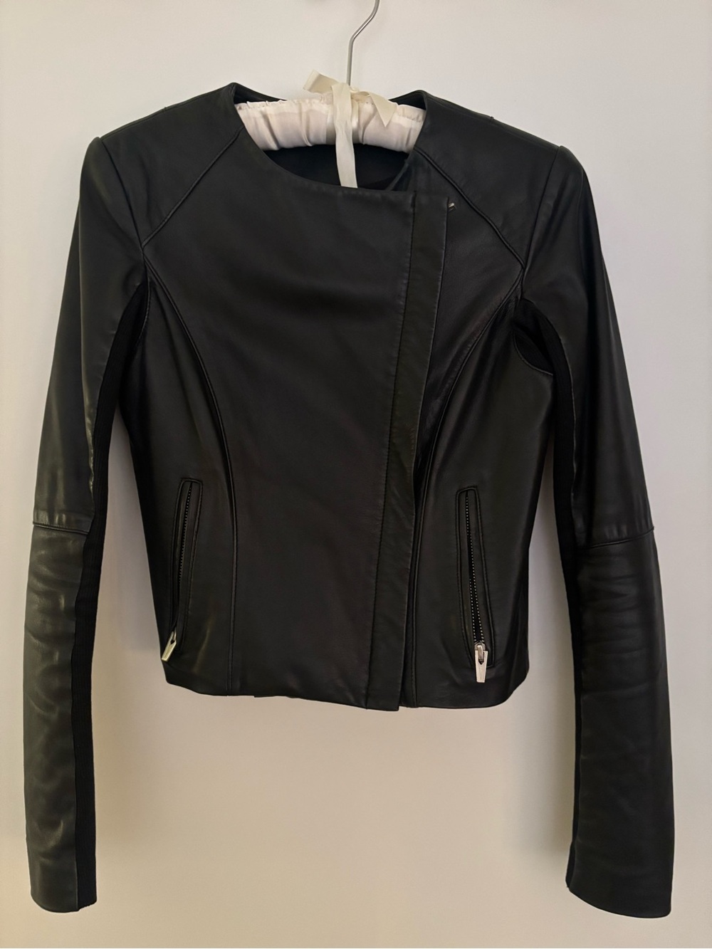 VEDA Crop Leather Asymmetrical Jacket in Black